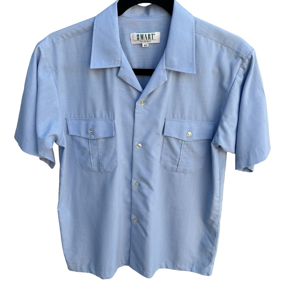 Smart Vintage Blue Short Sleeve Button Up Camp Collar Workwear Shirt Size 85